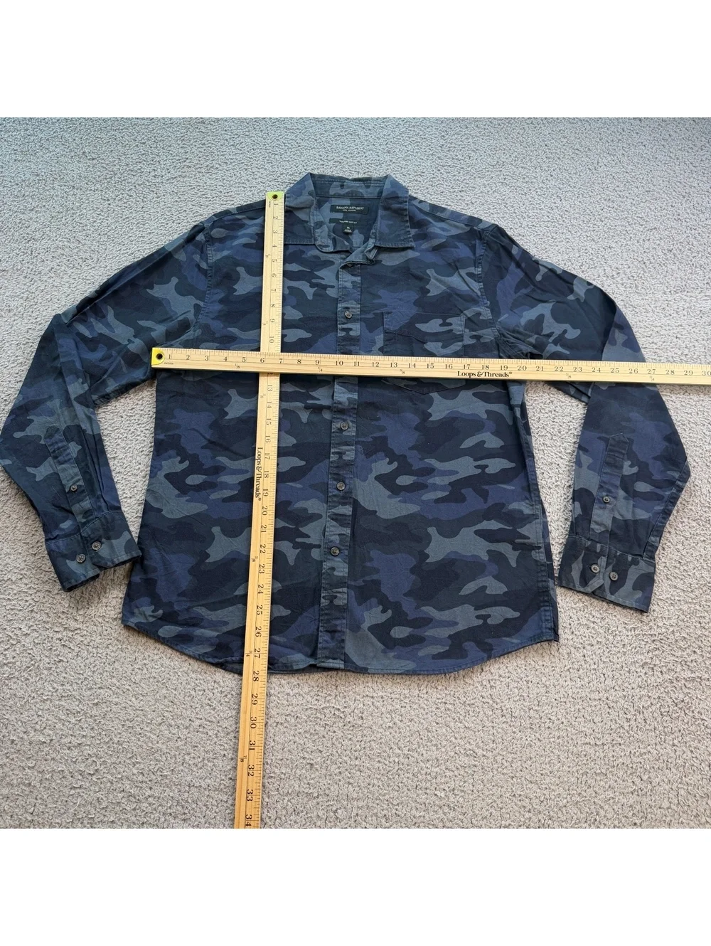 Banana Republic Luxe Flannel Untucked Slim Fit Camo Button Up Shirt Men's M Blue